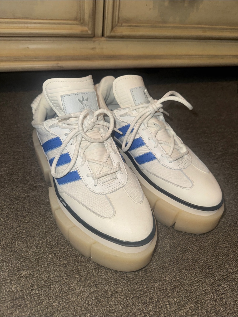 adidas White Sneakers with Blue Stripes and Chunky Cream Sole